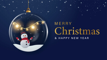 Christmas ball toy with snowman and snowy, neon warm light, Happy New Year greeting card. Winter holiday background