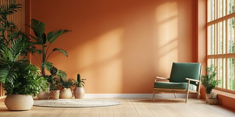 Cozy Minimalist Living Room with Orange Wall and Green Armchair and Potted Plants
