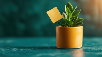 Yellow Sticky Note on Potted Plant  Teal Background  Blank Space  Minimalist Office Desk