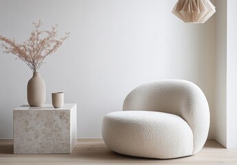 Modern Minimalist Living Room with White Chair and Trendy Vase in Scandinavian Style