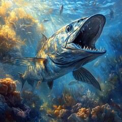 Fototapeta premium Majestic Barracuda Swims Through Vibrant Coral Reef