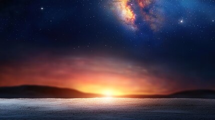 Fototapeta premium Stunning Cosmic Landscape with Starry Sky and Vibrant Horizon Illuminated by Celestial Lights During Dusk in an Otherworldly Environment with Dramatic Colors
