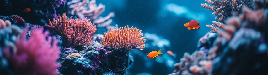 Vibrant Coral Reef Ecosystem, showcasing diverse marine species swimming through colorful corals, highlighting the importance of ocean conservation and biodiversity preservation.