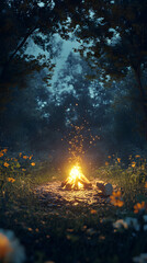 campfire blow up to the sky in the beautifull night, flame fire