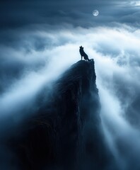 Solitary Wolf on Misty Mountaintop under Full Moon