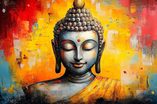 Vibrant Buddha Statue Digital Painting Calm Spirituality Meditation Sculpture Art
