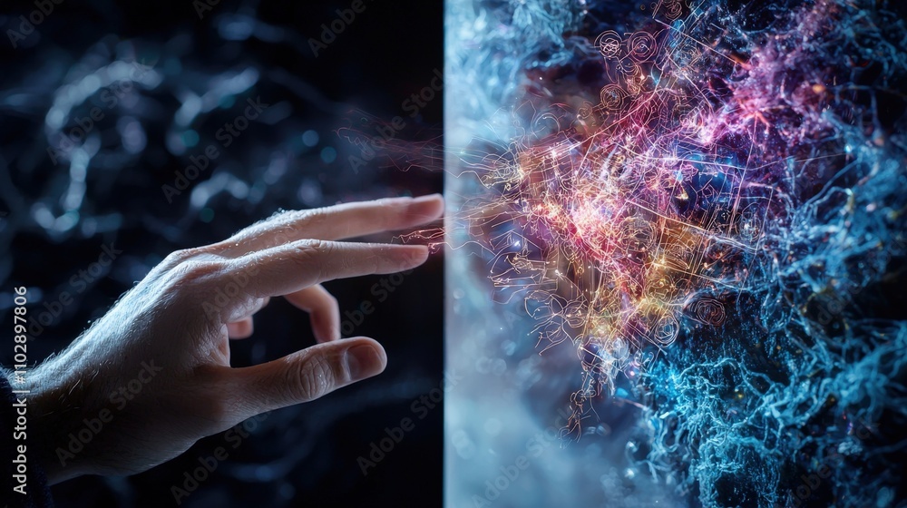 Poster fingertips touching a blank canvas of cosmic energy digital art abstract universe close-up view crea