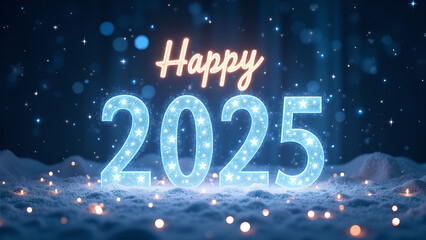 Happy New Year 2025 Glowing Numbers in Snow. Concept of celebration, winter, and holidays.
