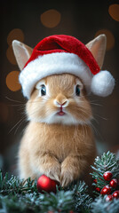 tiny little baby rabbit, surprised at Christmas, in a red Santa hat.