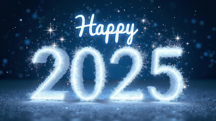 Happy New Year 2025 with snow and sparkle effect. Concept of celebration, winter, and holiday.