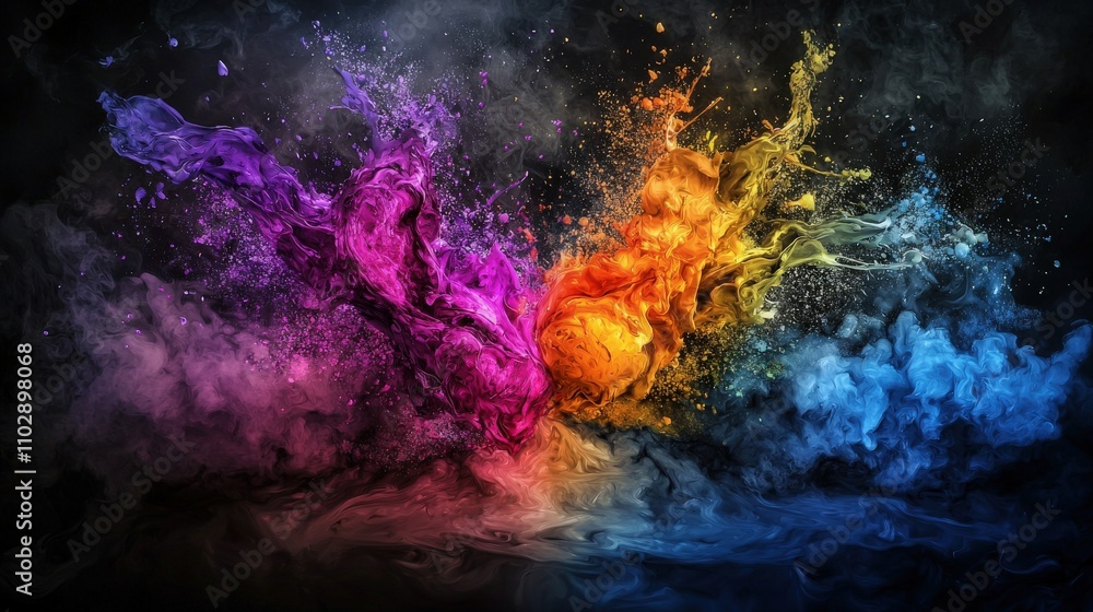 Poster Vibrant paint explosion on canvas art studio abstract artwork creative environment close-up view color dynamics