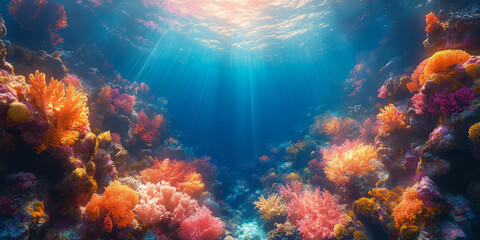 Fototapeta premium Top view,High-Angle Shot, distant view, rose red tone, Overlooking from a high altitude,one-third of the sea area, with several coral reefs distributed on the other two-thirds.