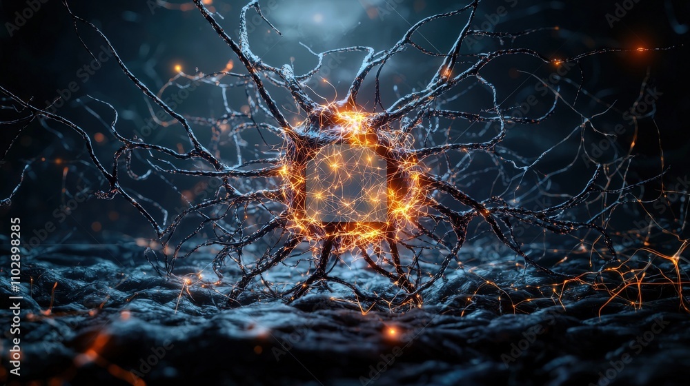 Poster neurons interconnected in a glowing network abstract art dark environment scientific concept illumin