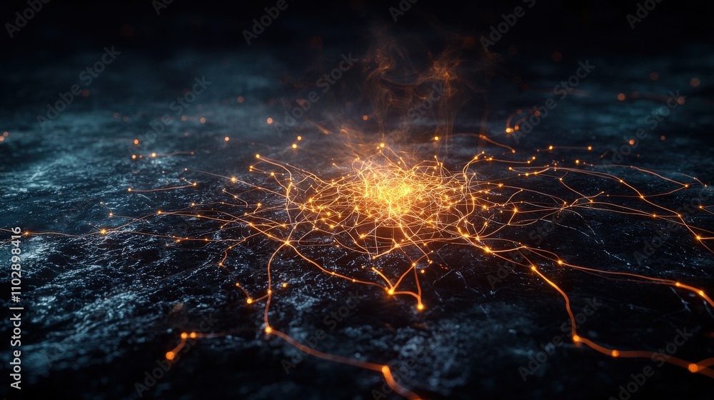 Poster interwoven glowing lines illustrate technology's connection in a dark environment for visual arts