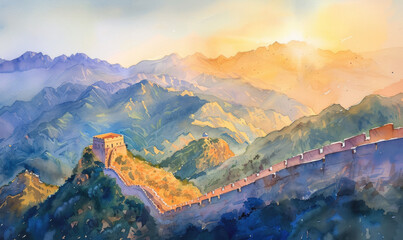 Watercolor Great wall under sunshine during sunset
