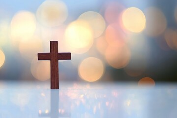 Wooden Cross on White Surface with Warm Bokeh Background and Soft Light