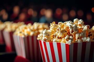 Freshly Popped Movie Theater Popcorn in Striped Containers