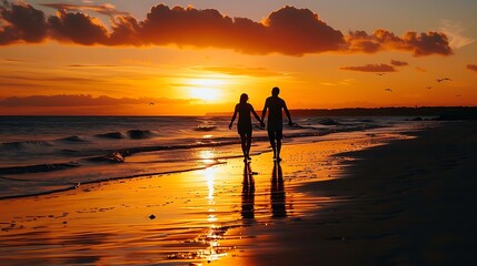 Fototapeta premium Silhouette of Couple Walking on Beach at Sunset