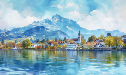 Watercolor village Weggis, lake Lucerne , Pilatus mountain and Swiss Alps in the background near famous Lucerne city, Switzerland