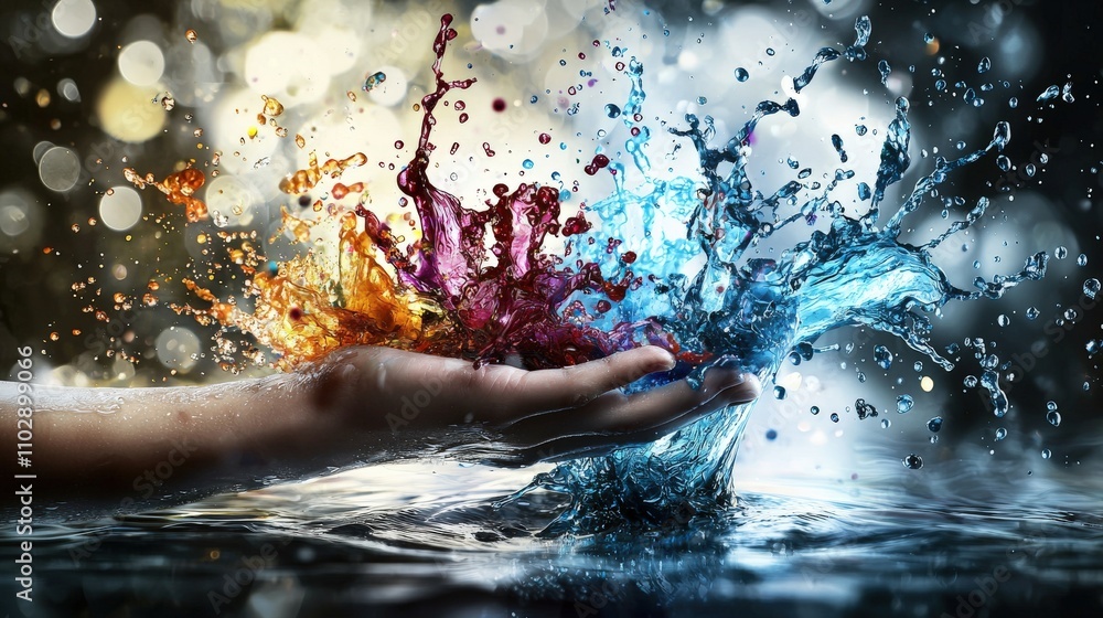 Leinwandbilder Artistic expression with colorful paint splashes and water droplets in a dynamic creative studio