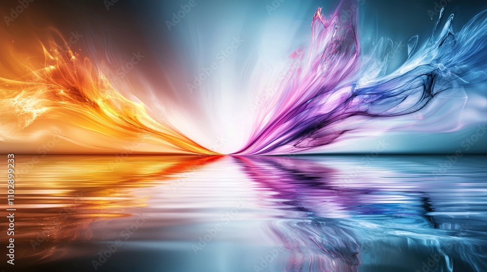 Poster Dynamic color waves interacting with tranquil water surface abstract art digital design serene atmosphere vibrant concept