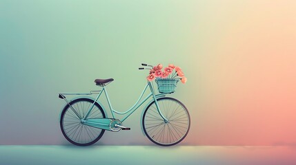 Whimsical minimalist artwork showcasing a vintage bicycle with flower baskets on a muted gradient background. 8k UHD, suitable for high-quality printing or digital display. 