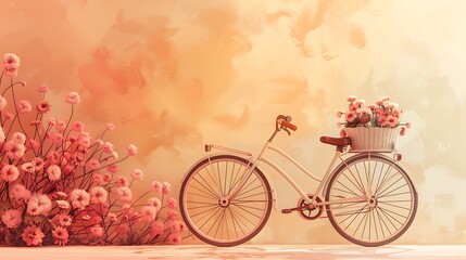 Fototapeta premium Whimsical minimalist artwork showcasing a vintage bicycle with flower baskets on a muted gradient background. 8k UHD, suitable for high-quality printing or digital display. 