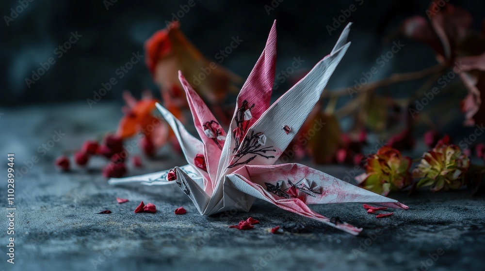 Poster Origami crane art display serene studio photography artistic environment close-up view creativity unleashed