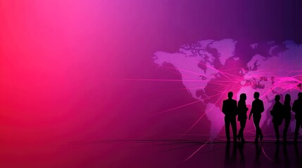 Fototapeta premium Silhouetted Business Group Against a Vibrant Technology-Infused World Map Background with Abstract Connections and Light Trails