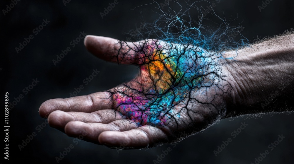 Poster Abstract art showcasing delicate fissures on a hand dark background visual art mysterious atmosphere close-up creativity