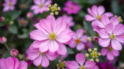 A vibrant flowery background featuring a variety of delicate pink flowers in full bloom, pink flowers, delicate