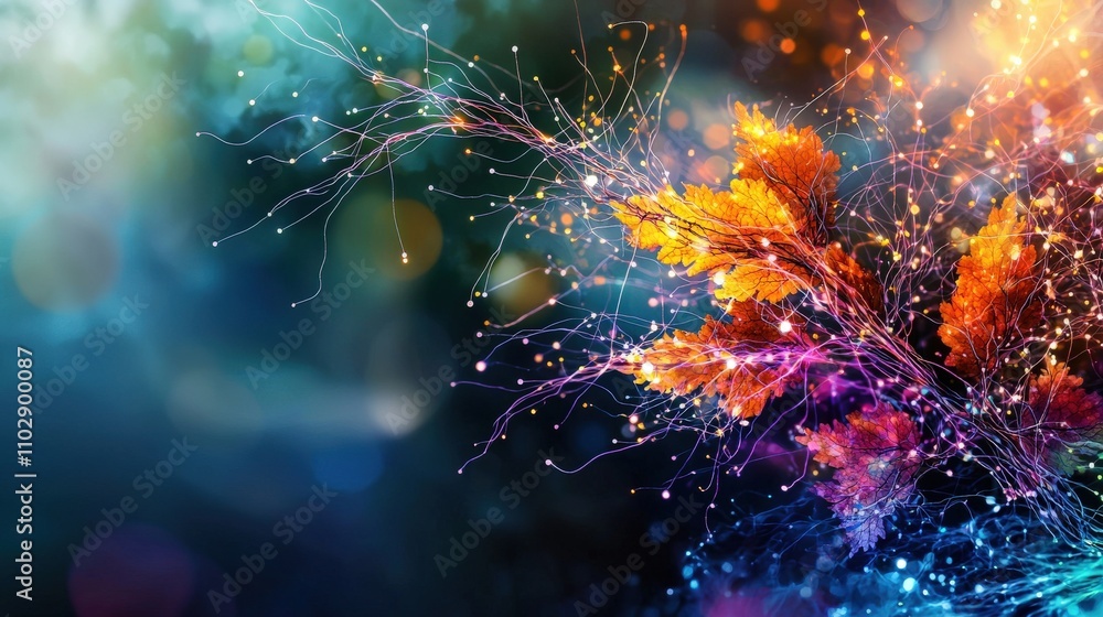 Poster Illuminated nature delicate threads of light resembling neural pathways in enchanted forest digital art abstract view