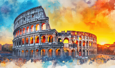 Watercolor Colosseum in Rome at sunrise, Italy, Europe