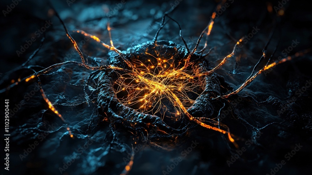 Poster Neural pathways illuminated in a dark lab scientific visualization digital art futuristic abstract concept