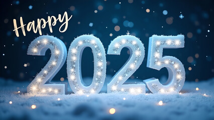 Happy New Year 2025 with snow and lights. Concept of celebration, winter, and holiday.