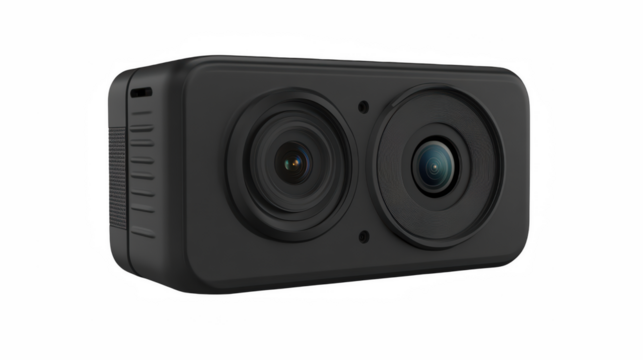 Dual-Lens VR Camera, sleek black design, capturing immersive virtual reality experiences, compact innovative tech Isolated on white background or PNG