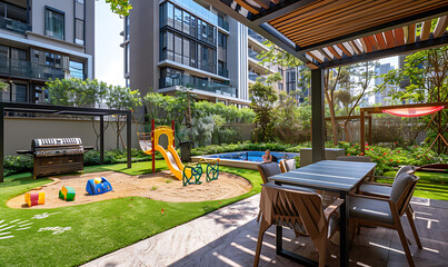 A family-oriented rooftop garden with a designated play area and seating, perfect for family time together