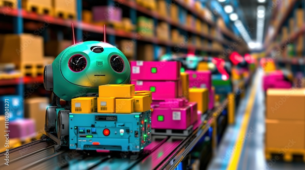 Poster futuristic warehouse robot automated logistics ai robotics e commerce