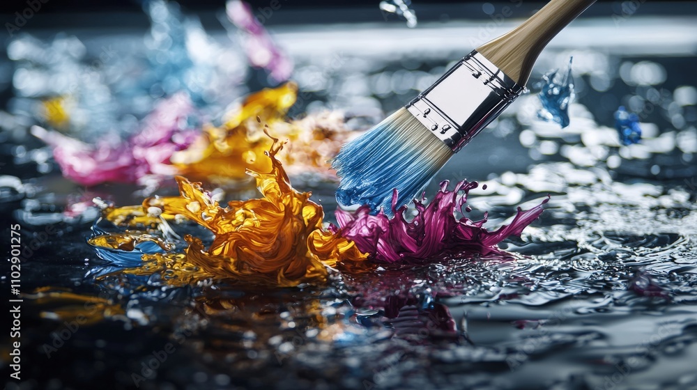 Poster Dynamic brush painting action artistic studio abstract art colorful liquid splashes close-up view fluid motion concept