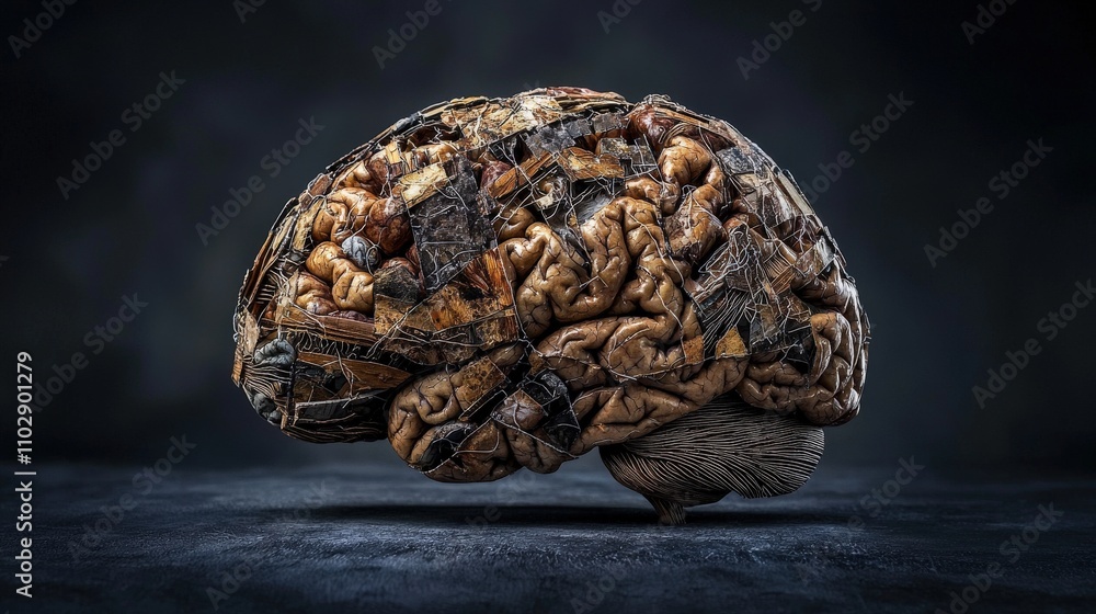 Poster Exploring the intricate folds of the human brain art exhibit gallery dark setting close-up view neuroanatomy concept