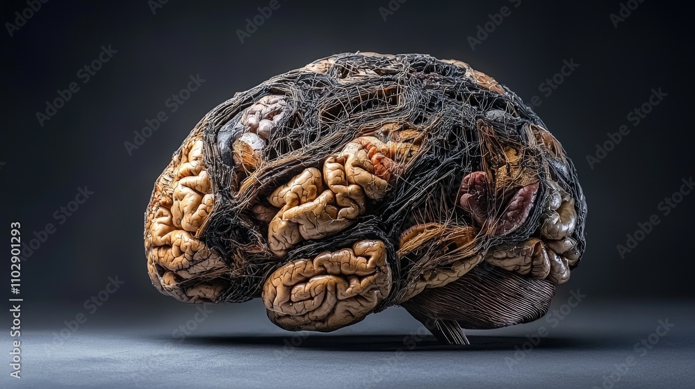 Poster exploring the intricate folds of the human brain laboratory scientific analysis dark studio close-up