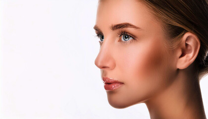 Obraz premium Close-up portrait of a beautiful woman with radiant, flawless skin and striking blue eyes, creating a sophisticated and elegant look. Ideal for beauty, skincare, fashion related themes
