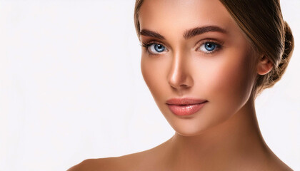 Fototapeta premium Close-up portrait of a beautiful woman with radiant, flawless skin and striking blue eyes, creating a sophisticated and elegant look. Ideal for beauty, skincare, fashion related themes