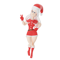 Creative Girls Santa Claus Design.A female Santa Claus master walks with her hands forming a two-finger pose and the other hand on her hip . 3D Cartoon Style