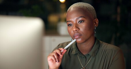 Night, black woman and thinking at computer for research, mind map and deadline in office....