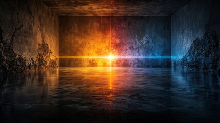 Naklejka premium Vibrant light beam illuminates dim industrial space urban setting digital artwork abstract design captivating perspective