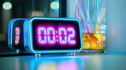 Obraz premium Neon Digital Clock Showing 00 02 Nighttime Scene Glowing Display Retro Style Time M