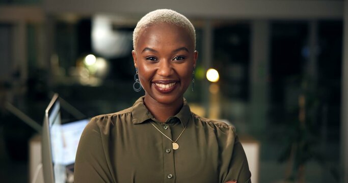 Happy, pride and portrait of black woman in office with confidence for law career in Angola. Smile, night and professional African female attorney with positive attitude for business legal job.