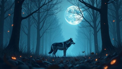 Lone Wolf in a Mystical Forest with Full Moon and Illuminated Pathway