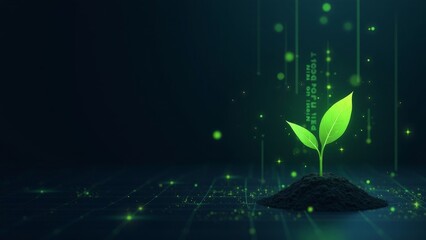 Growing Green Plant on Dark Grid Background Symbolizing Digital Resilience and Sustainability